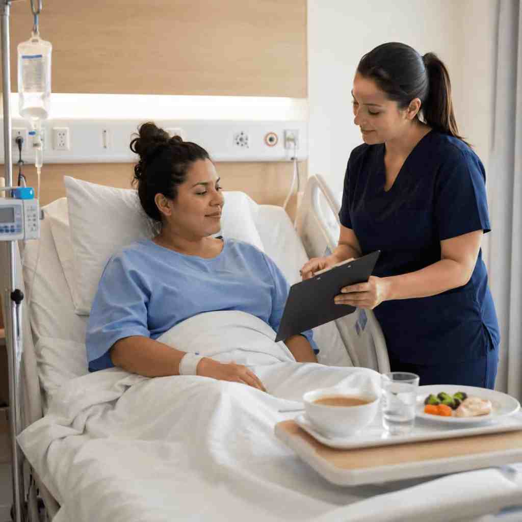 Paziente ricoverata dopo una sleeve gastrectomy in Turchia durante il follow-up postoperatorio con un’infermiera, la ripresa graduale dell’alimentazione e il monitoraggio della guarigione.