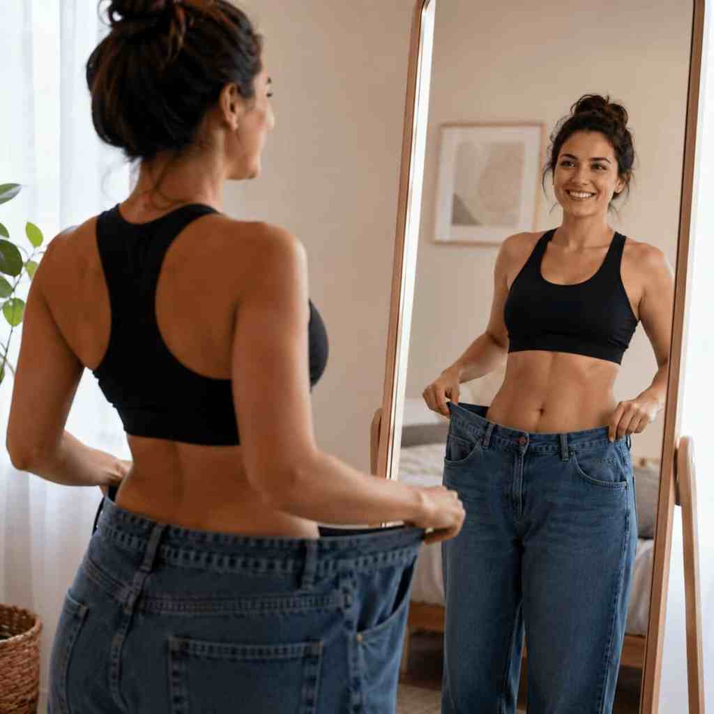 Paziente soddisfatta dopo una sleeve gastrectomy in Turchia che indossa jeans ormai troppo larghi, mostrando la significativa perdita di peso ottenuta dopo l’intervento di chirurgia bariatrica.