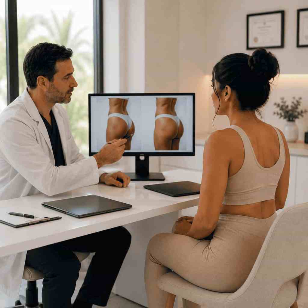 Consulto tra un chirurgo estetico e una paziente prima di un Brazilian Butt Lift per valutare il piano operatorio e scegliere una clinica affidabile.