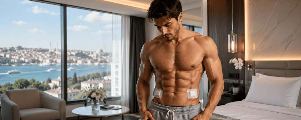 Homme après une chirurgie six pack en Turquie montrant un abdomen sculpté dans une chambre d’hôtel moderne
