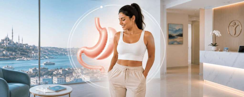Paziente in una clinica specializzata in Turchia dopo una sleeve gastrectomia, con illustrazione della riduzione dello stomaco e vista su Istanbul, simbolo della chirurgia bariatrica e della perdita di peso duratura.