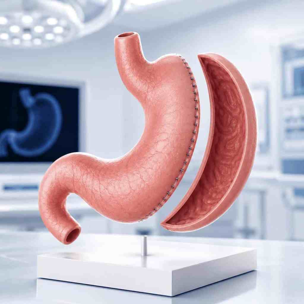 Illustration 3D d'une sleeve gastrectomie montrant la réduction du volume de l'estomac après l'intervention.