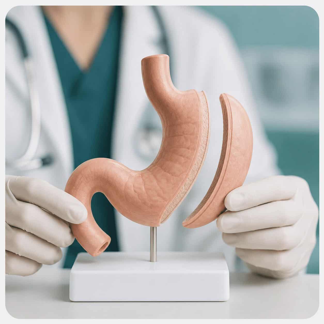 Modello anatomico dello stomaco utilizzato per illustrare la sleeve gastrectomy in una clinica in Turchia.