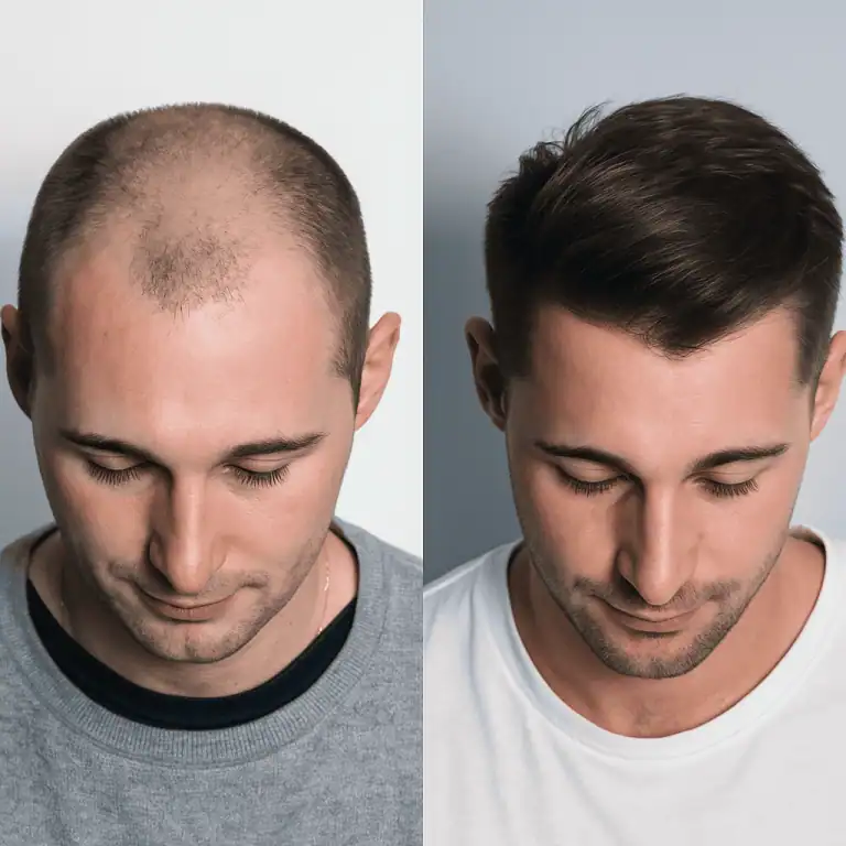 Prima e dopo un trapianto di capelli in Turchia con ricrescita naturale della linea frontale e maggiore densità dei capelli