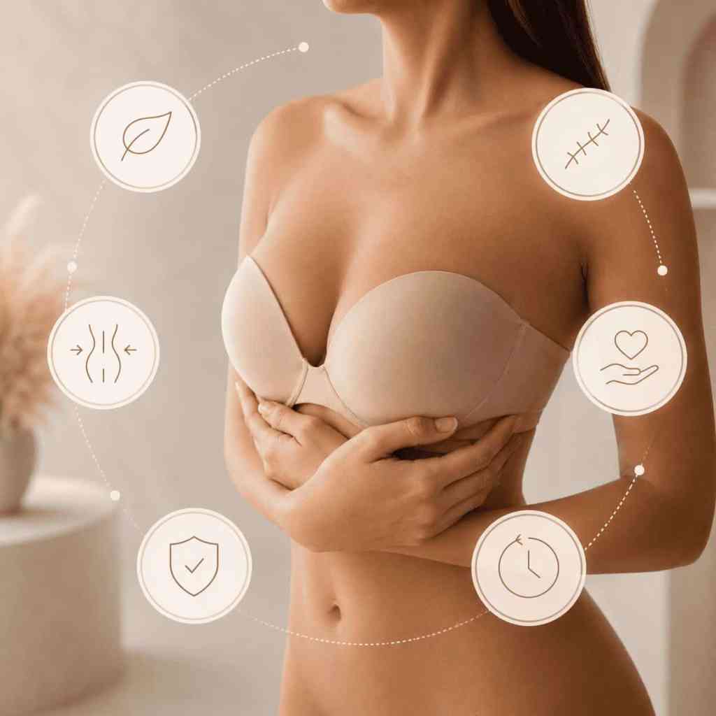 Principali vantaggi del lipofilling mammario: risultato naturale, utilizzo del proprio grasso e rimodellamento della silhouette.