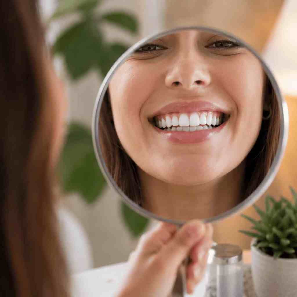 Donna che osserva allo specchio il suo sorriso ampio con i denti laterali visibili