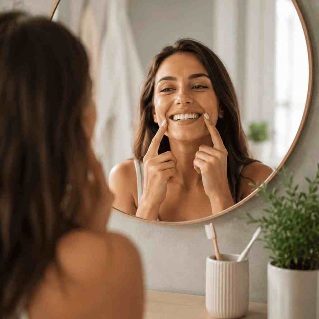 Femme observant dans un miroir les dents visibles de son sourire avant la pose de facettes