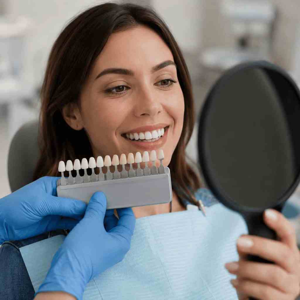 Dentista che confronta il colore delle faccette con i denti naturali di una paziente