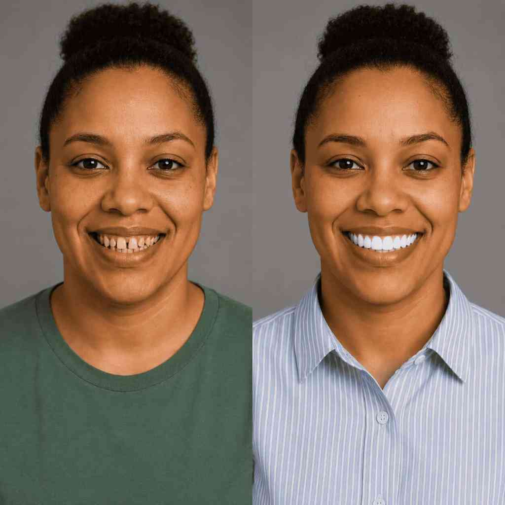 Avant après d'une transformation du sourire réalisée après une planification par Digital Smile Design en Turquie.