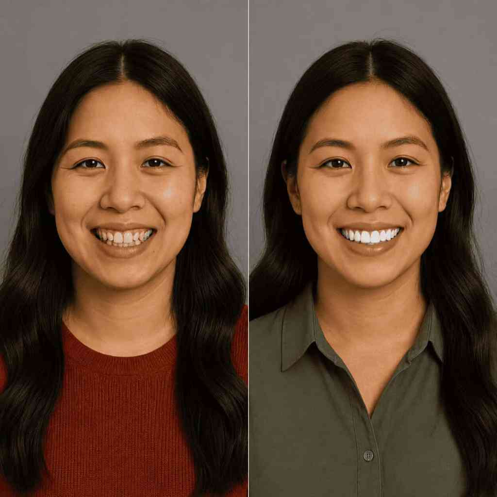 Avant après illustrant le résultat d'un sourire conçu grâce au Digital Smile Design.