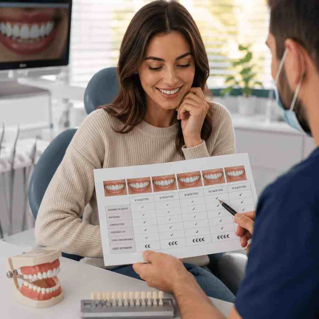 Dentiste présentant à une patiente différentes options de nombre de facettes dentaires