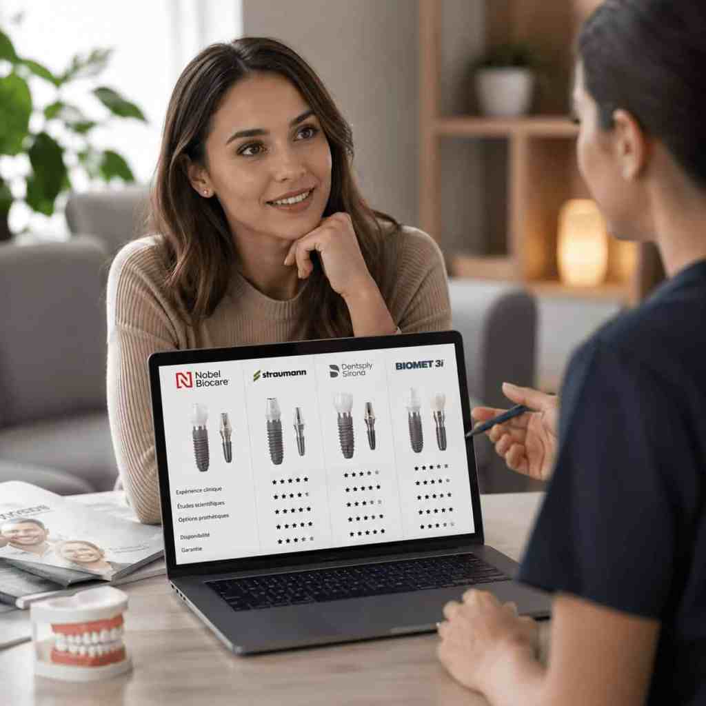 Paziente che confronta diverse marche di impianti dentali con uno specialista utilizzando una tabella comparativa visualizzata sul computer.
