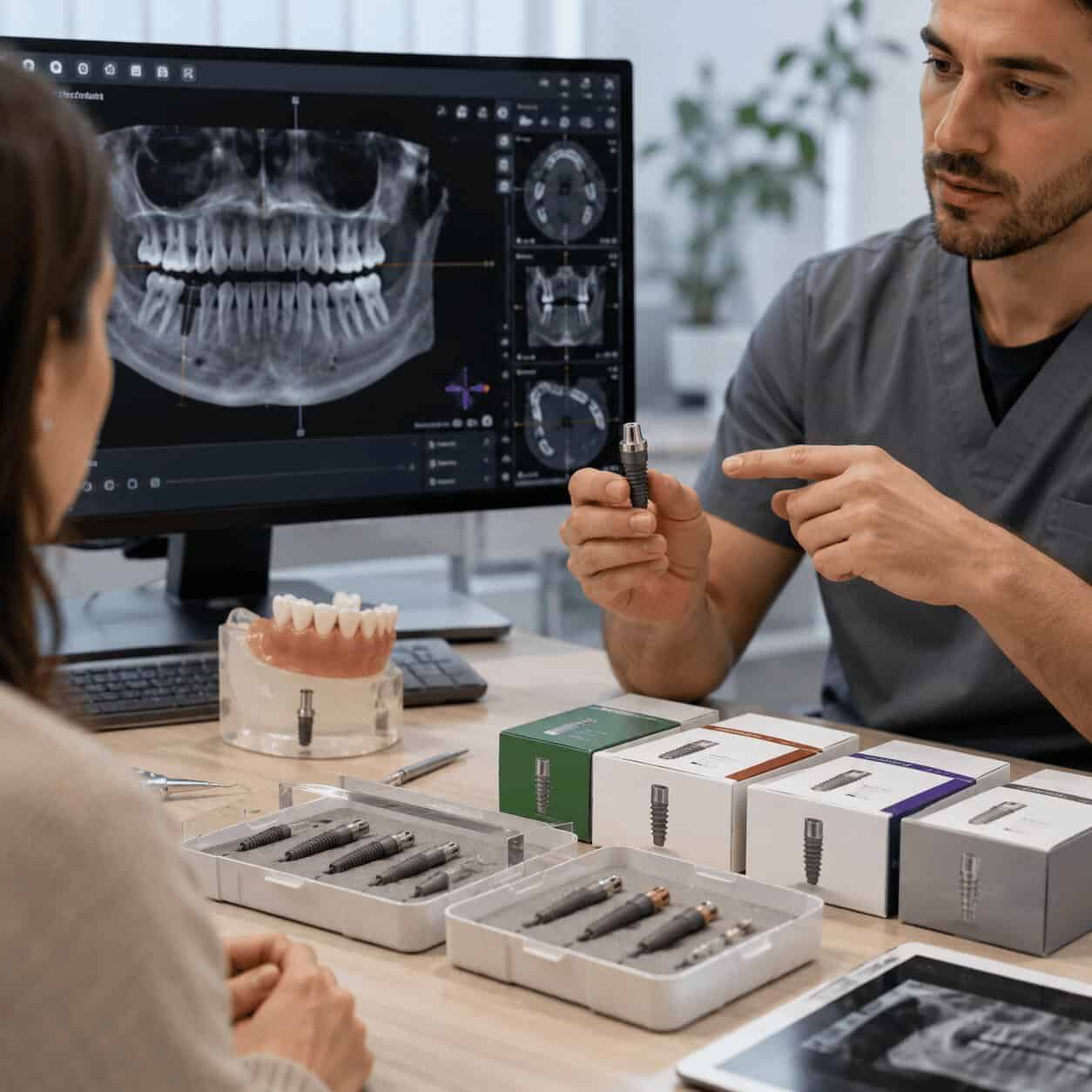 Odontoiatra che presenta diversi sistemi di impianti dentali a un paziente utilizzando una radiografia 3D per confrontare le marche e scegliere la soluzione più adatta.