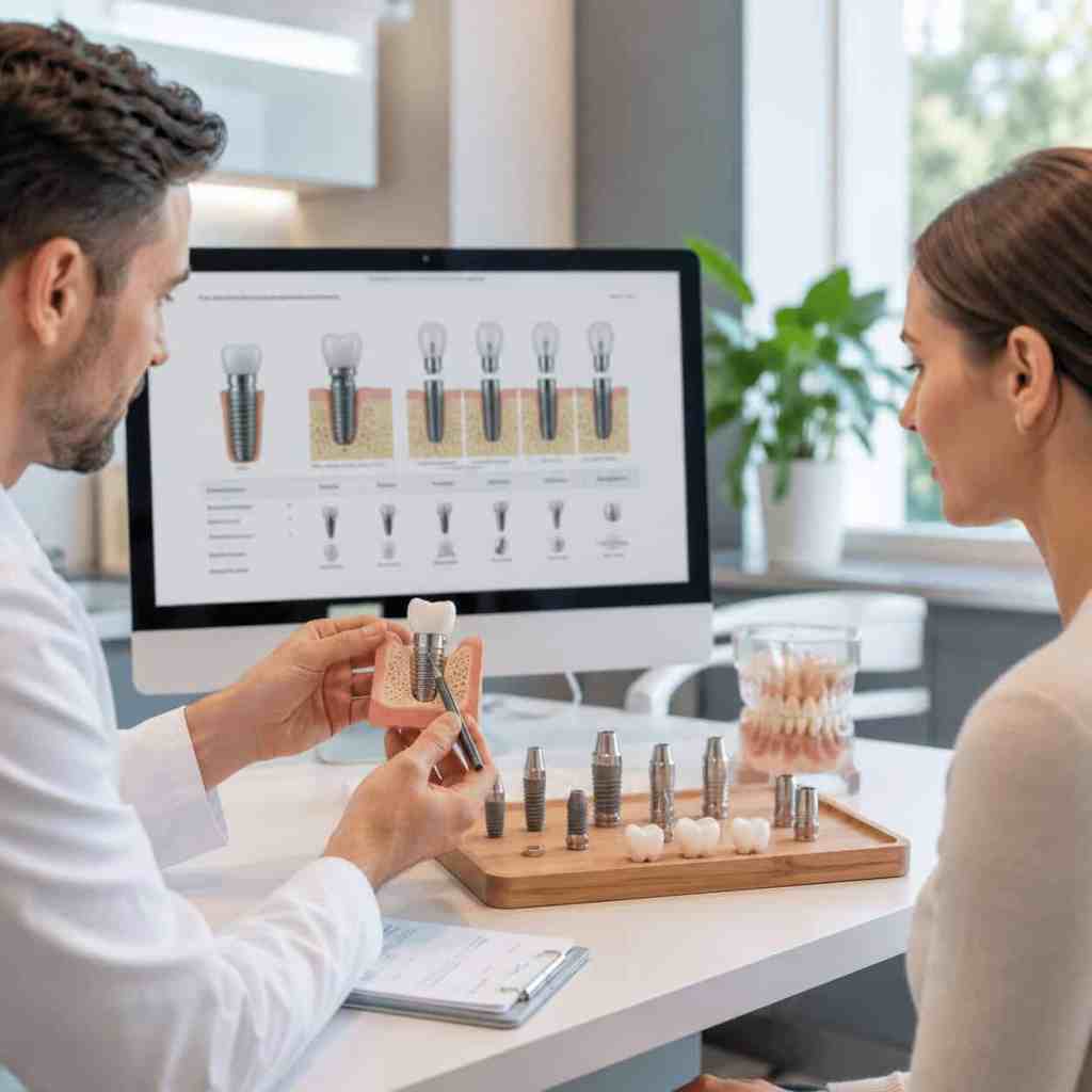 Dentista che presenta le principali marche di impianti dentali a una paziente utilizzando un modello anatomico e una simulazione digitale.