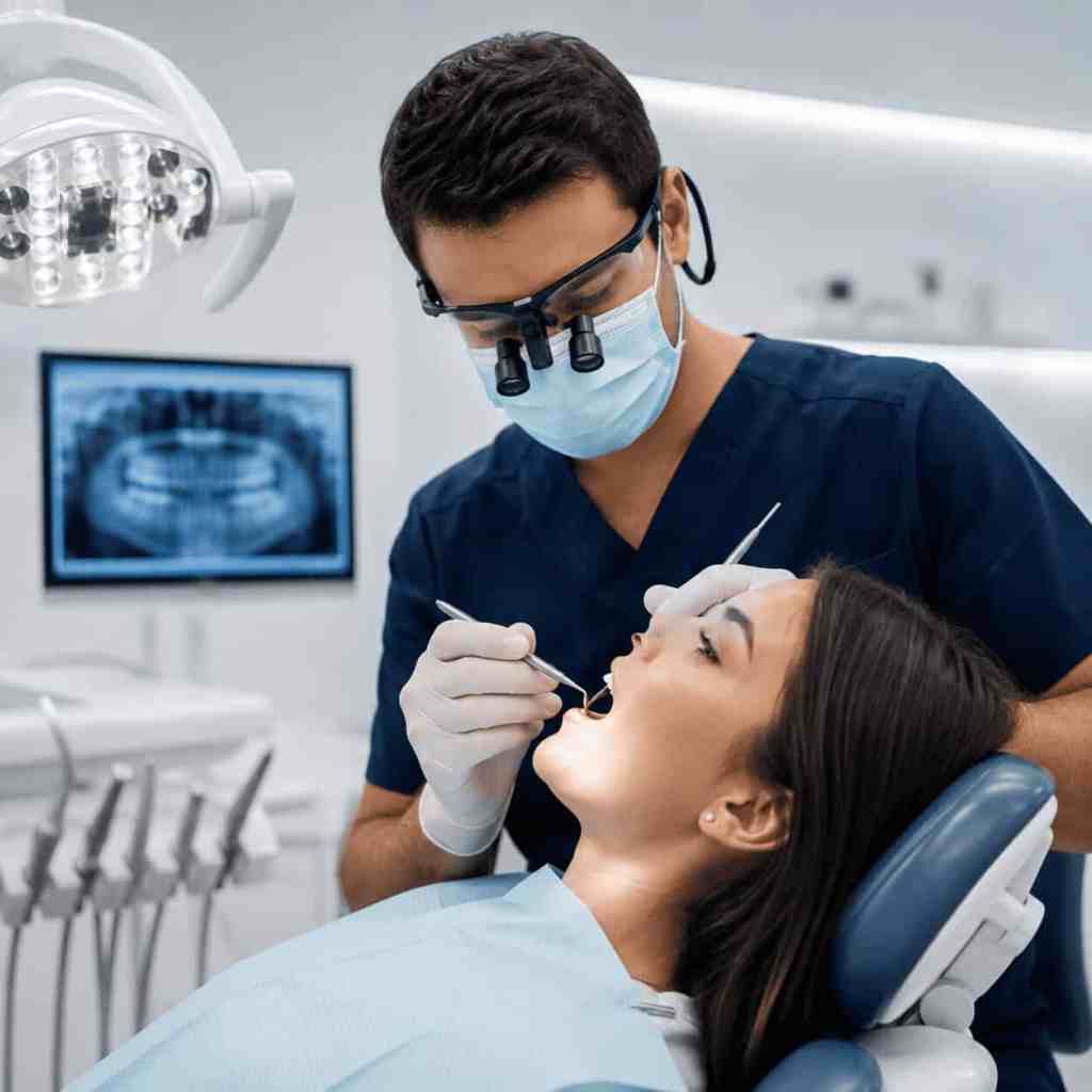 Dentista che esegue una visita odontoiatrica in una moderna clinica in Turchia prima di un trattamento dentale personalizzato.