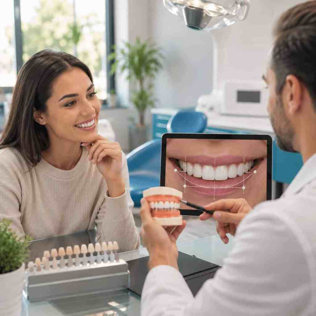 Dentiste analysant avec une patiente le nombre de dents visibles lorsqu’elle sourit