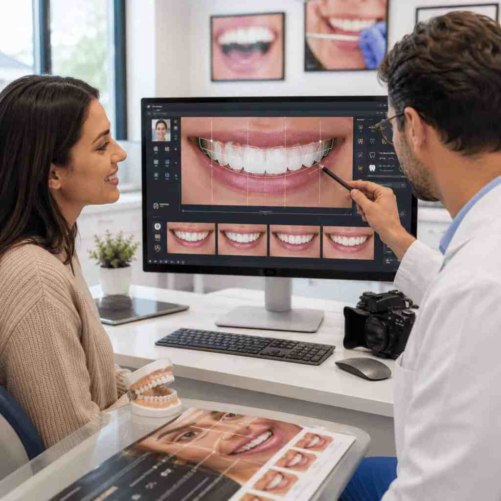 Dentiste utilisant le Digital Smile Design pour planifier le nombre de facettes dentaires
