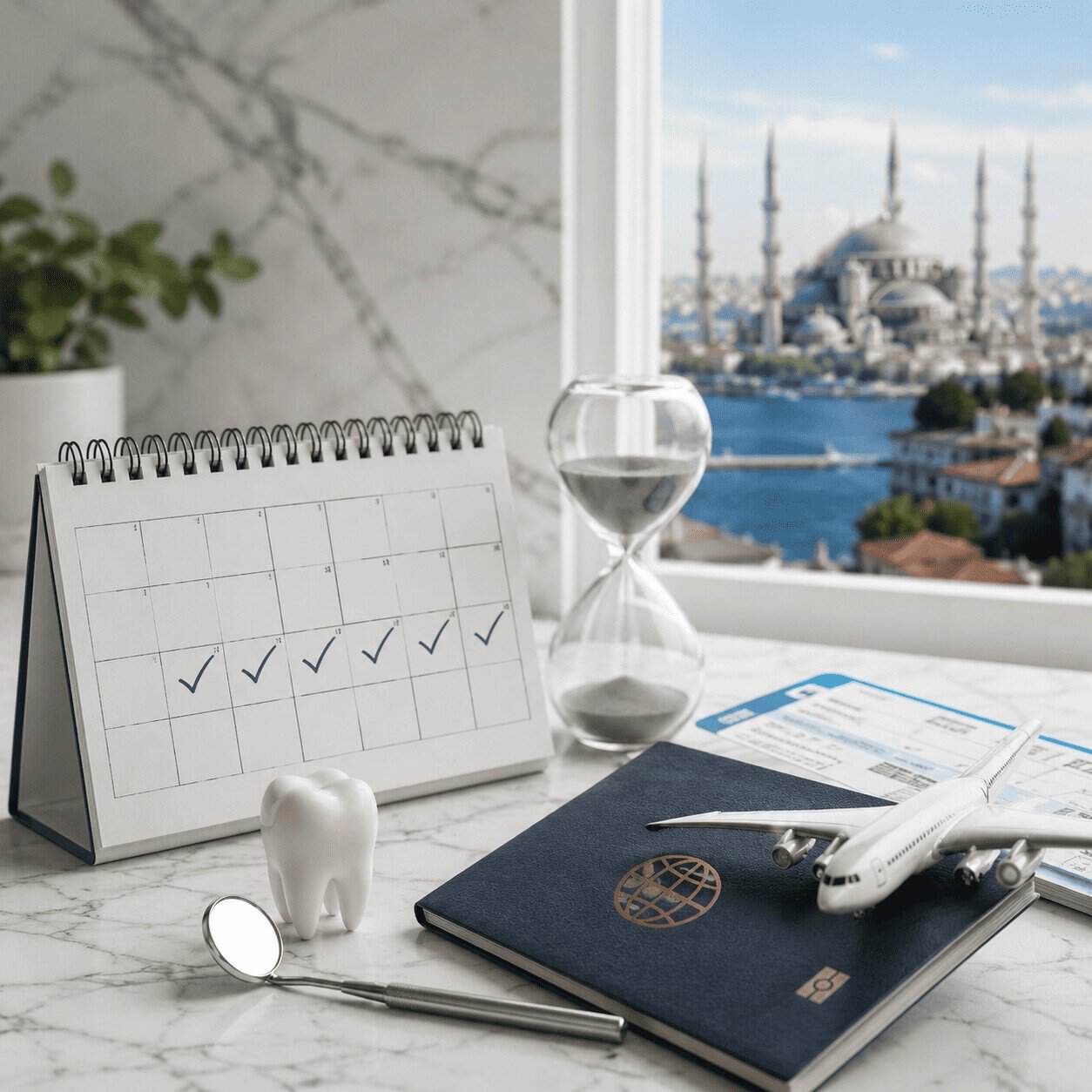 Calendario che rappresenta la durata di un soggiorno per cure dentali in Turchia con passaporto, biglietto aereo e vista su Istanbul