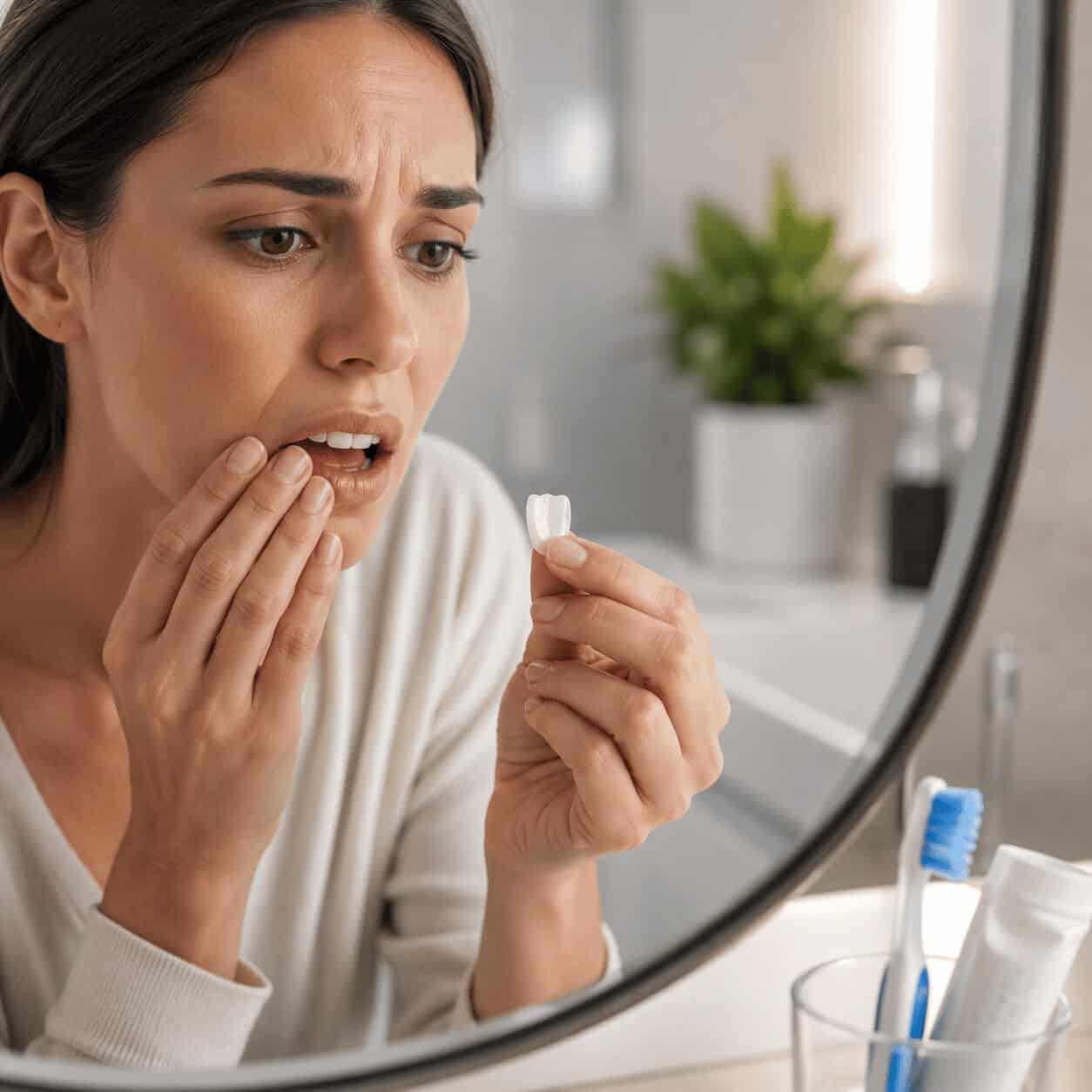Donna che tiene in mano una faccetta dentale staccata dopo il distacco.
