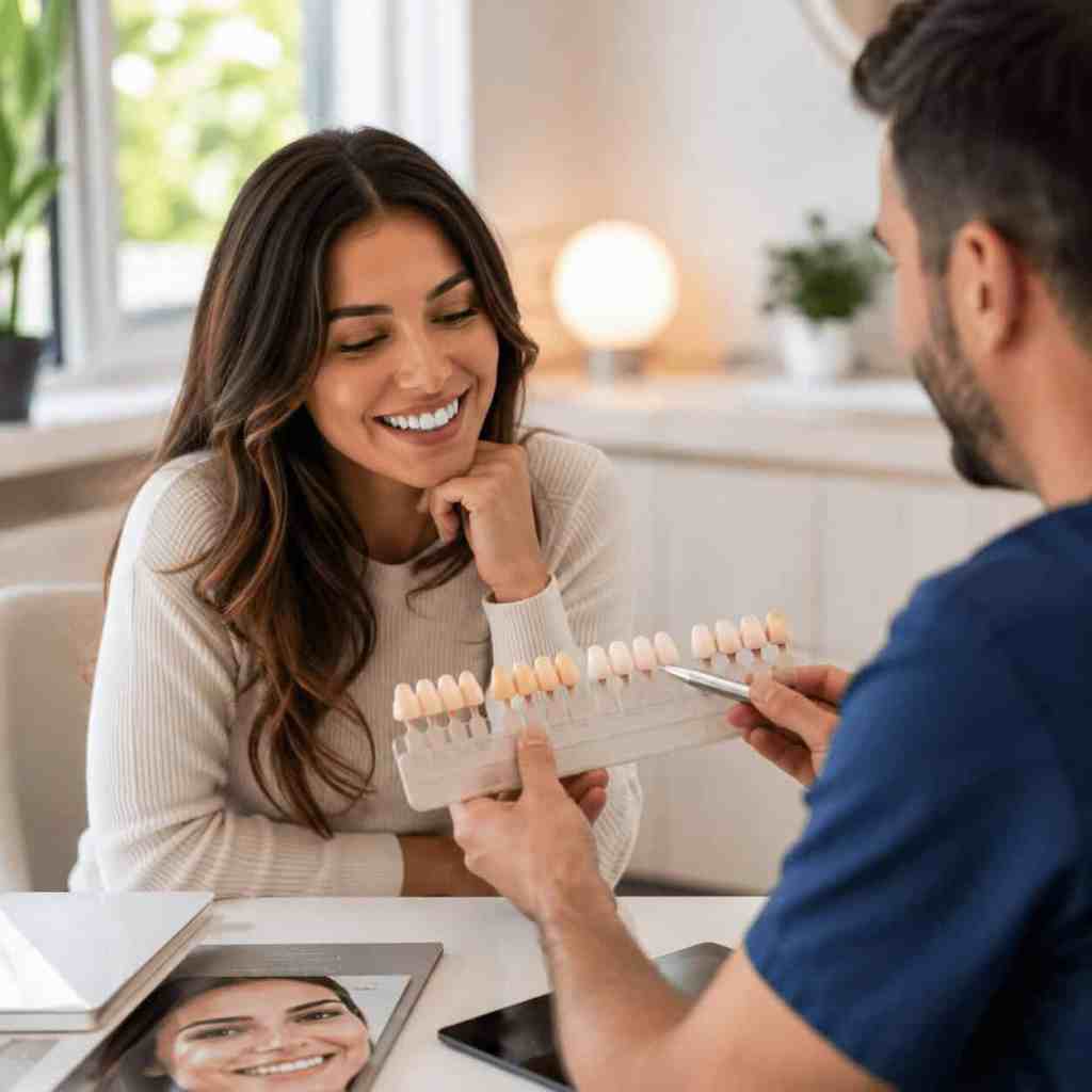 Dentiste présentant différentes teintes de facettes à une patiente pour traiter seulement certaines dents