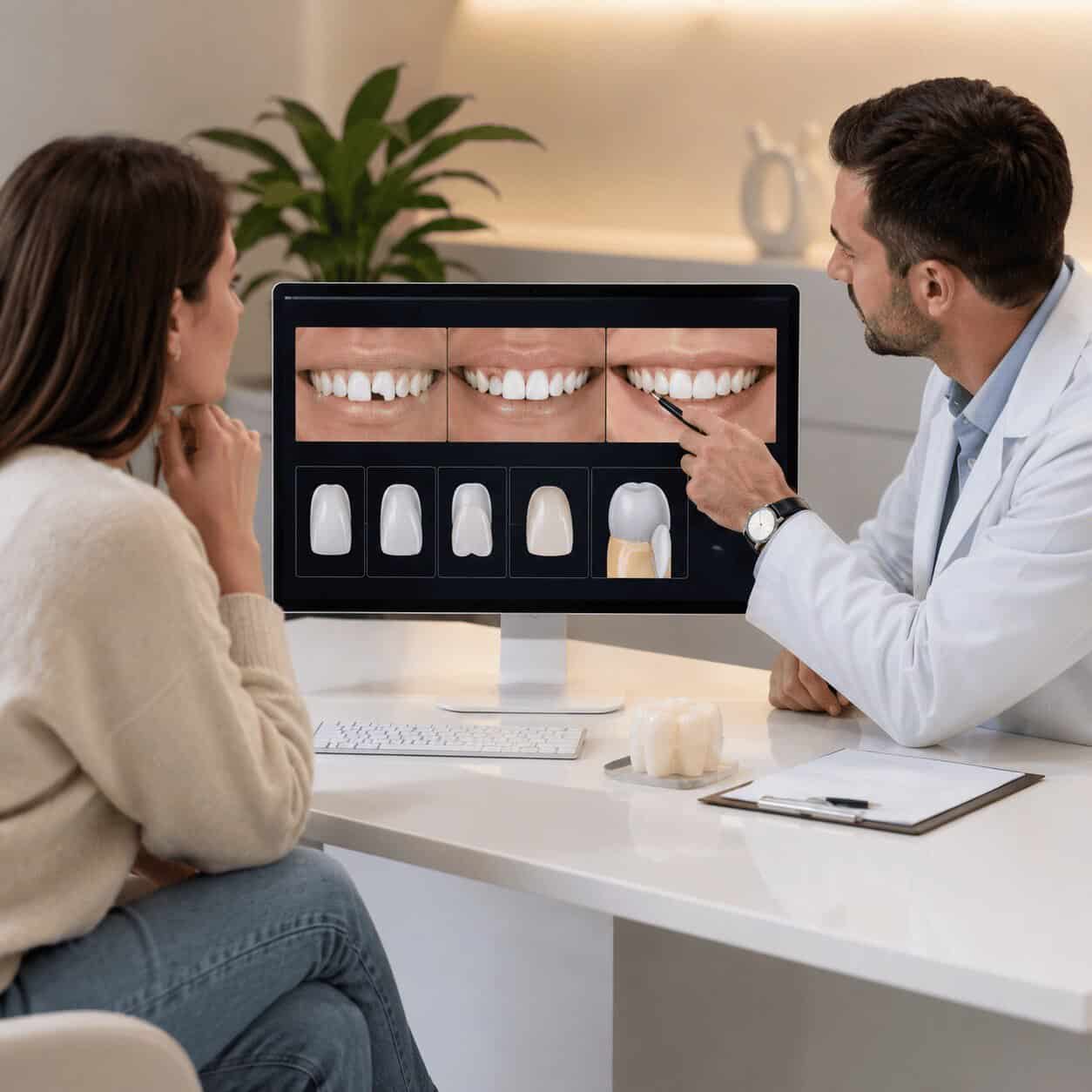 Dentista che risponde alle domande di una paziente su una faccetta dentale staccata.