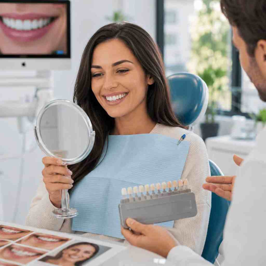 Paziente che parla con un dentista della scelta del numero di faccette dentali