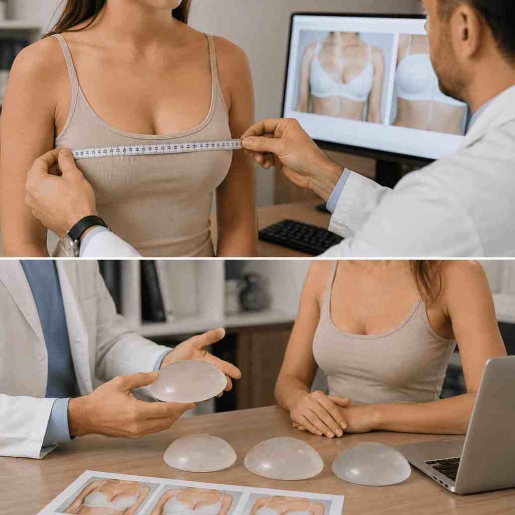 Chirurgien prenant les mesures de la poitrine pour choisir la taille des implants mammaires