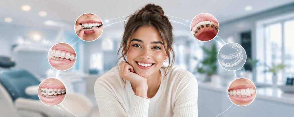 Giovane donna sorridente con le diverse soluzioni di ortodonzia estetica in Turchia, tra cui allineatori trasparenti, attacchi estetici, metallici e linguali.