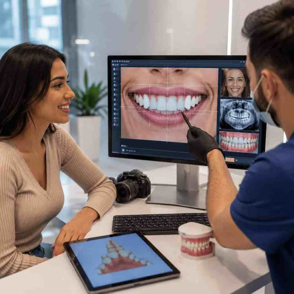 Dentiste évaluant le nombre de facettes dentaires avec une patiente lors de la planification du traitement