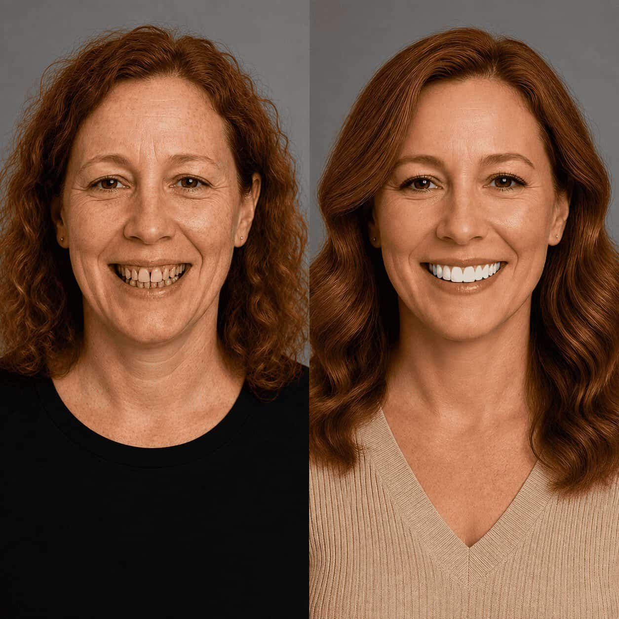 Avant après montrant un sourire harmonieux obtenu grâce à une planification numérique avec le Digital Smile Design.