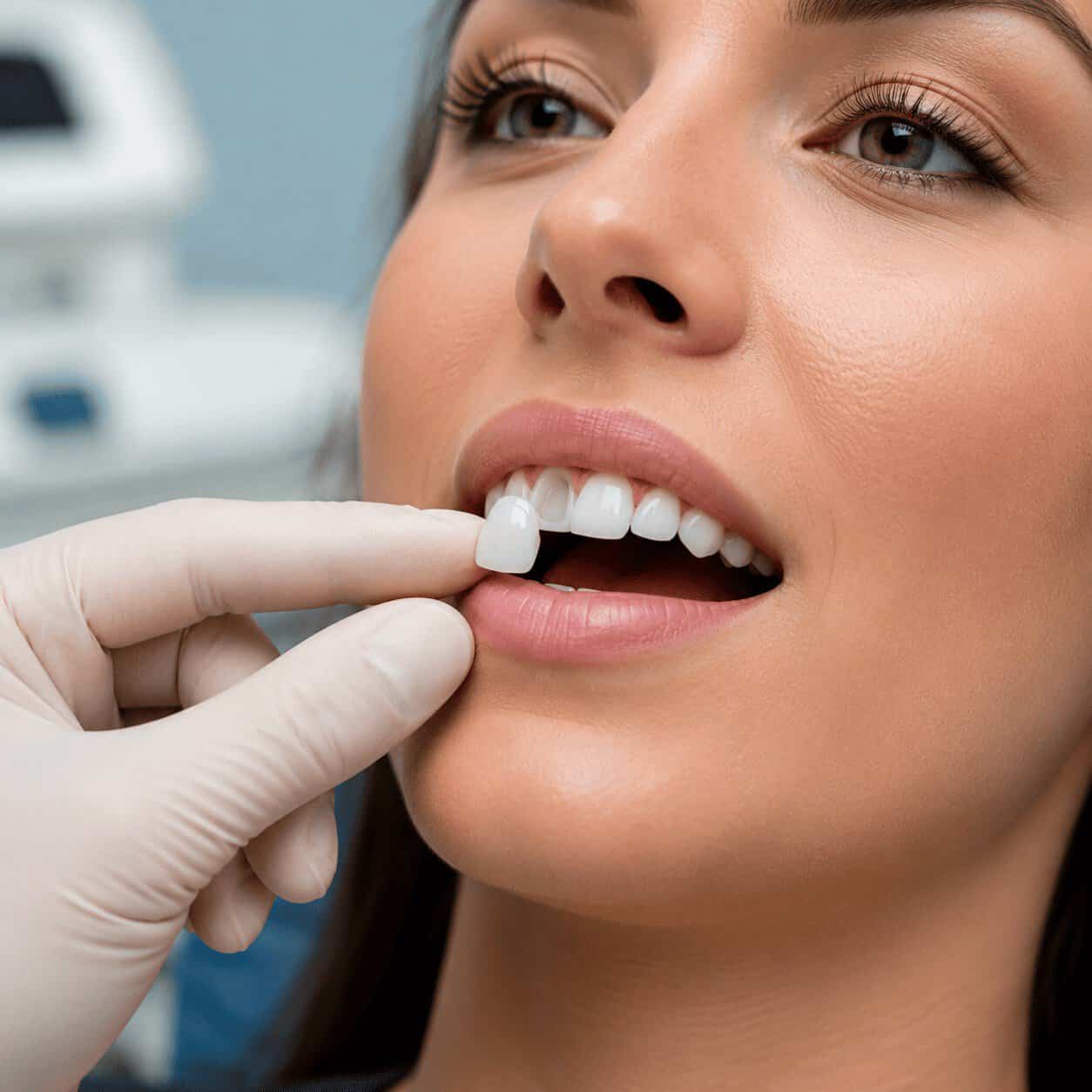 Dentista che riposiziona una faccetta dentale prima del ricollaggio.