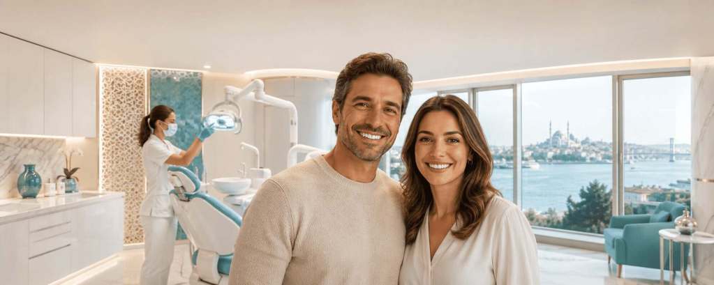 Paziente sorridente dopo uno sbiancamento dentale professionale eseguito in una moderna clinica in Turchia.