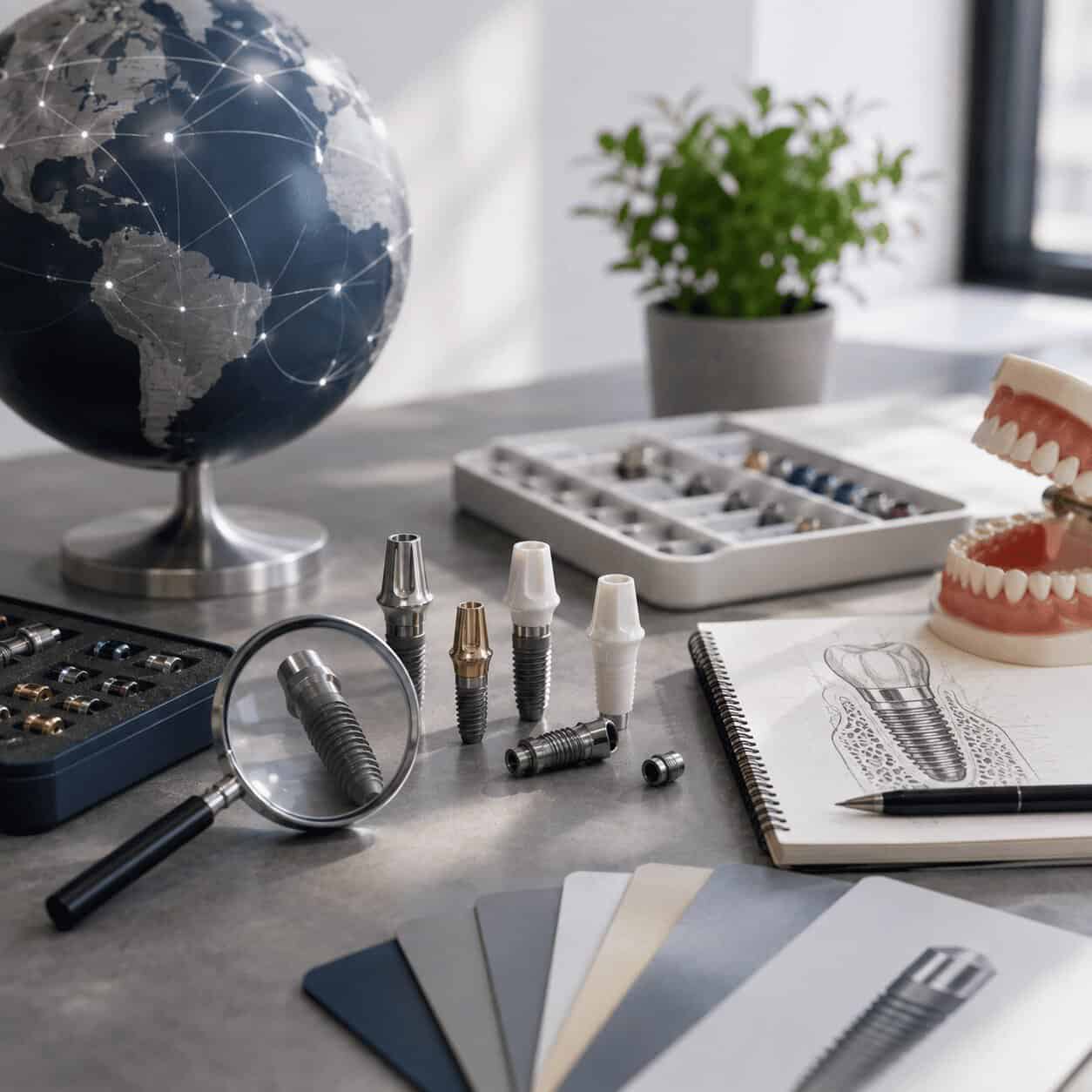 Dentista che presenta diversi sistemi implantari per scegliere l'impianto dentale più adatto in base alla qualità dell'osso, alla posizione del dente e alle esigenze del paziente.