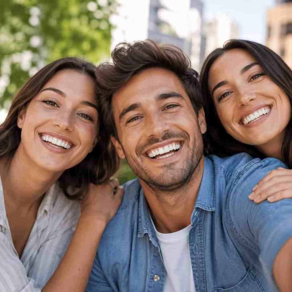 Trois personnes souriant avec des sourires naturels et harmonieux