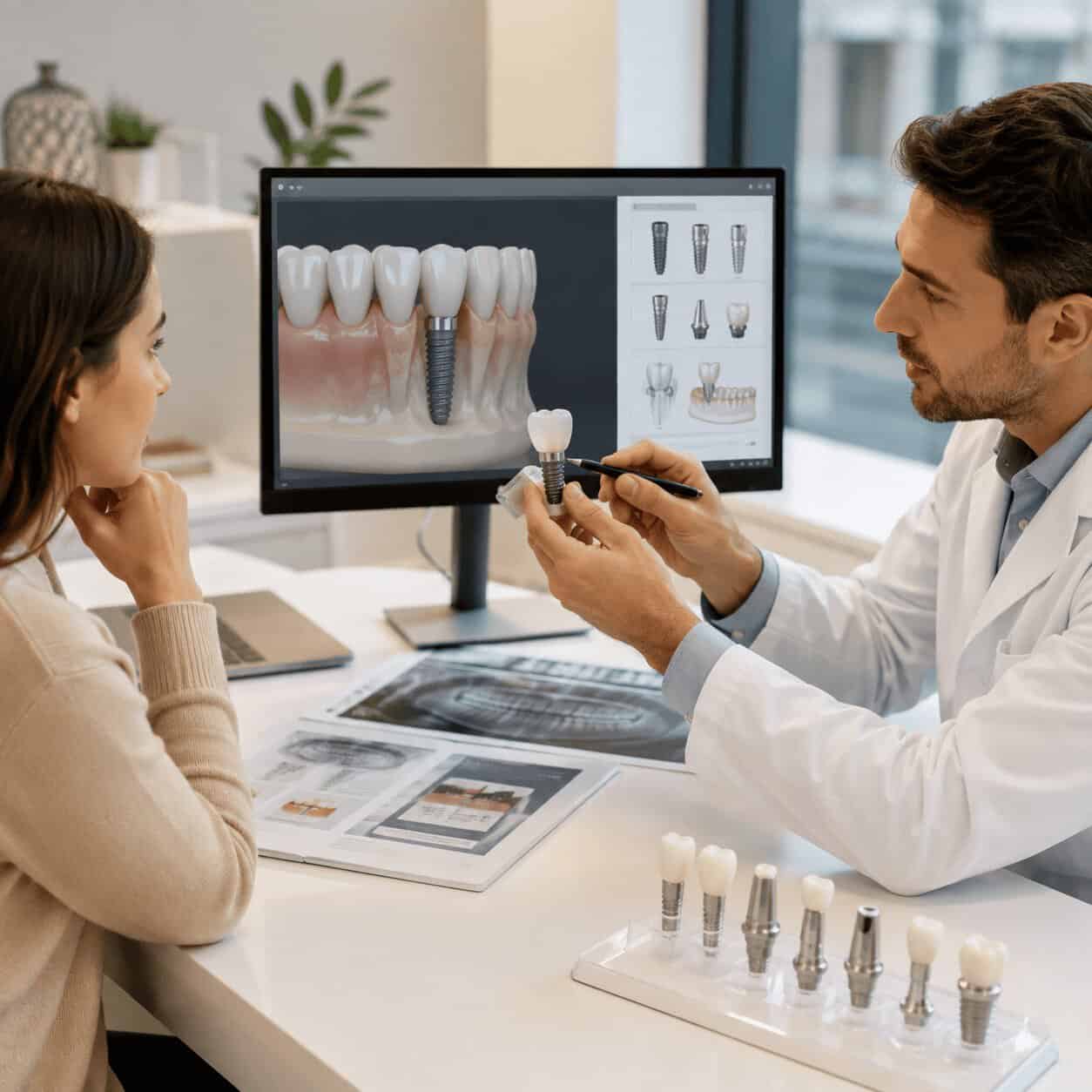Dentista che spiega a una paziente i diversi componenti di un sistema implantare utilizzando una simulazione 3D e un impianto dentale.