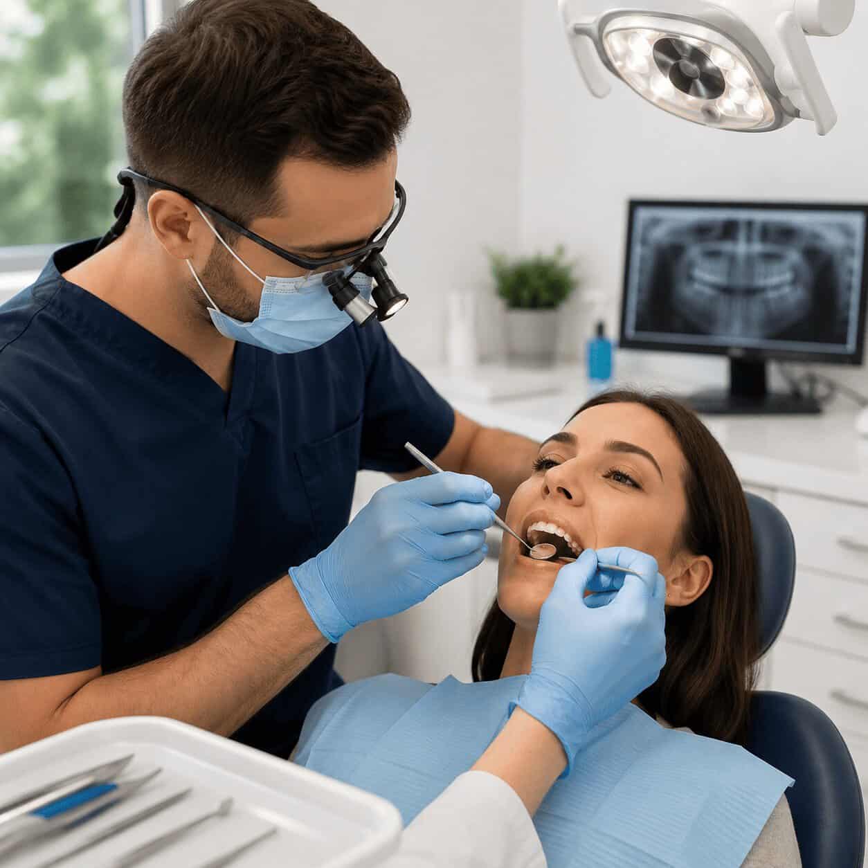 Dentista che esamina una faccetta dentale staccata prima del reincollaggio.