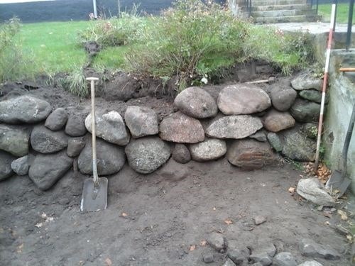 Stenmur under opbygning med store naturlige sten og haveplanter.
