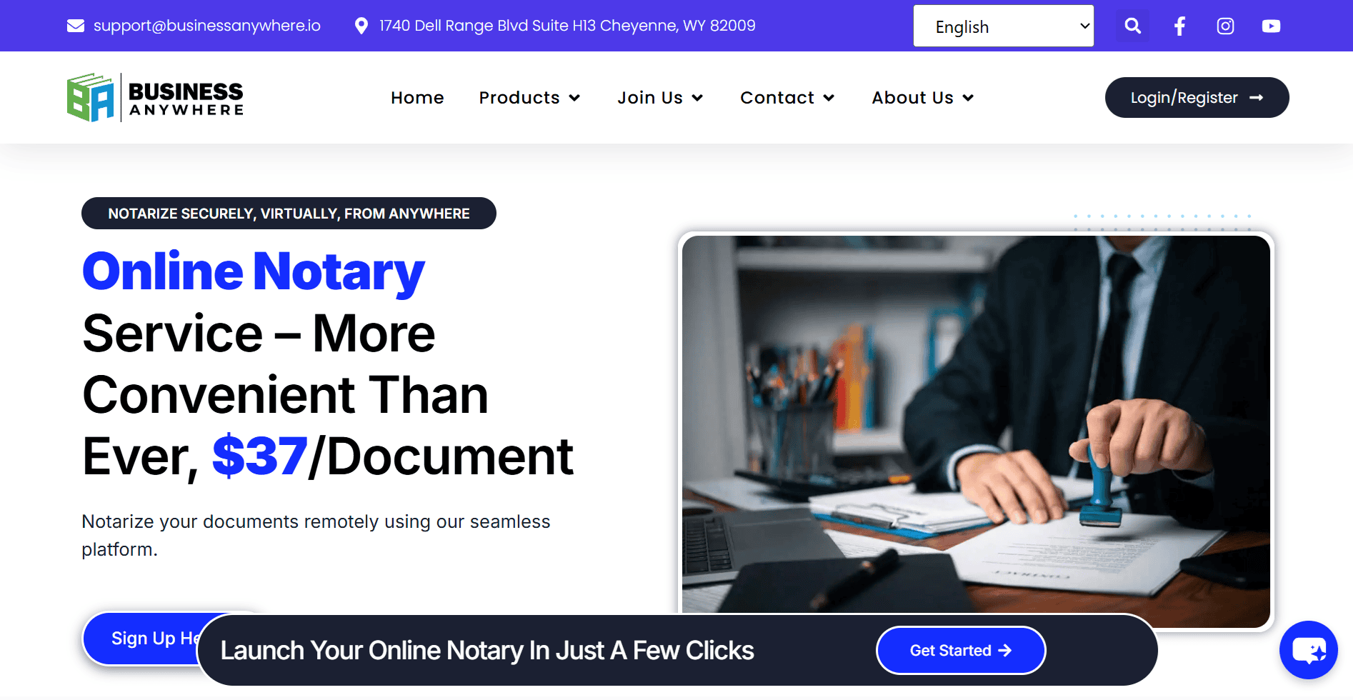 Screenshot of the webpage of BusinessAnywhere Online Notary