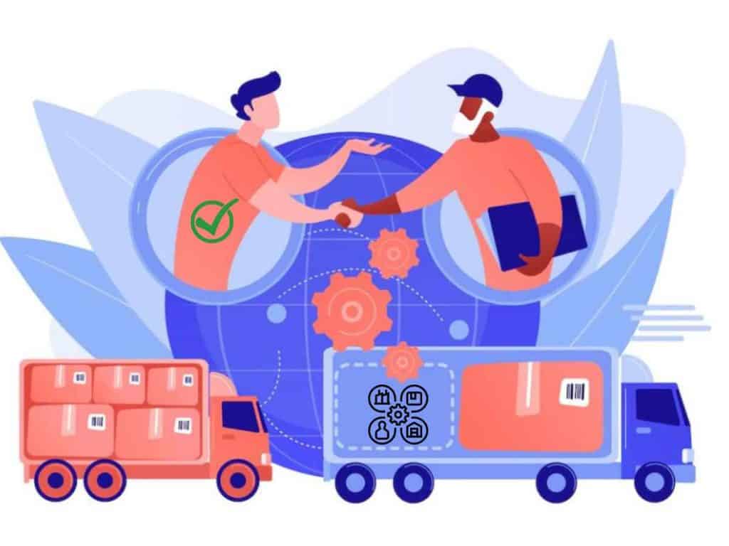 cartoon image of two people shaking hands coming out of an internet bubble with two colorful semi-trucks beneath them
