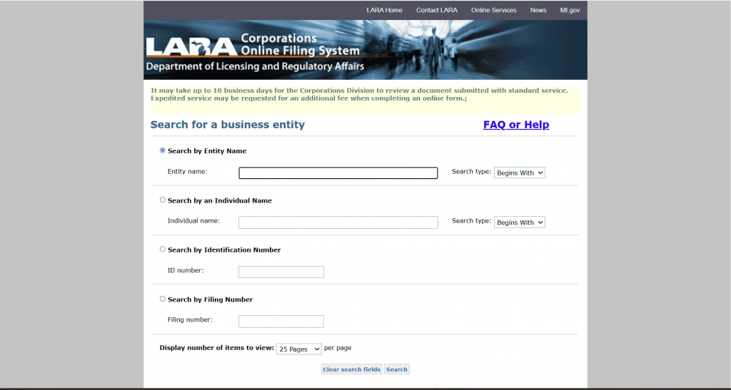 Screenshot of the Michigan Business Entity Search tool