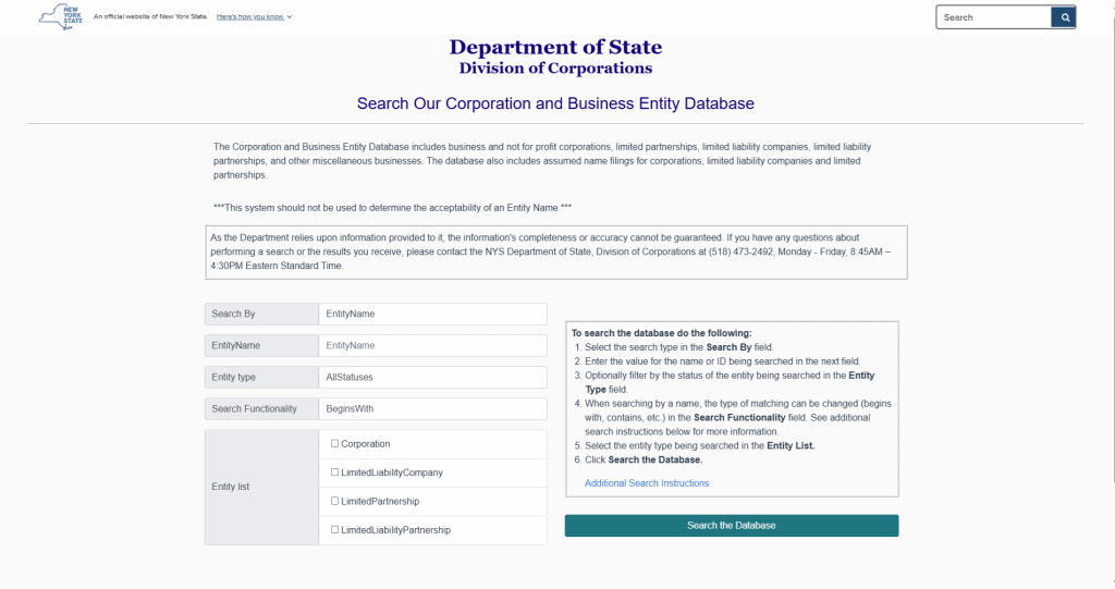 Screenshot of the New York Business Entity Search tool