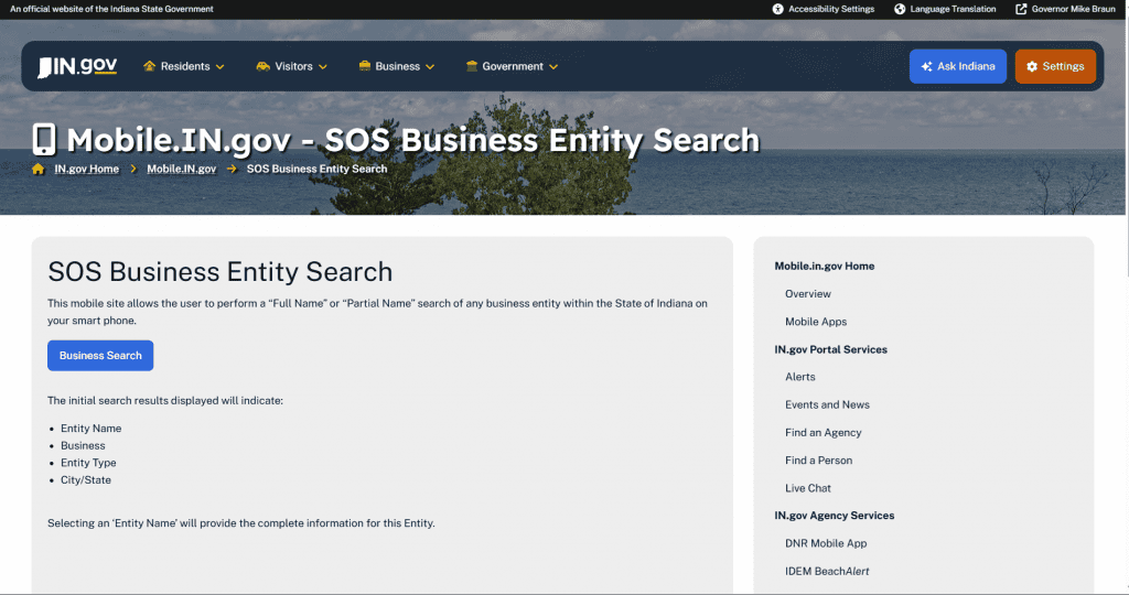 Screenshot of the Indiana Business Entity Search tool