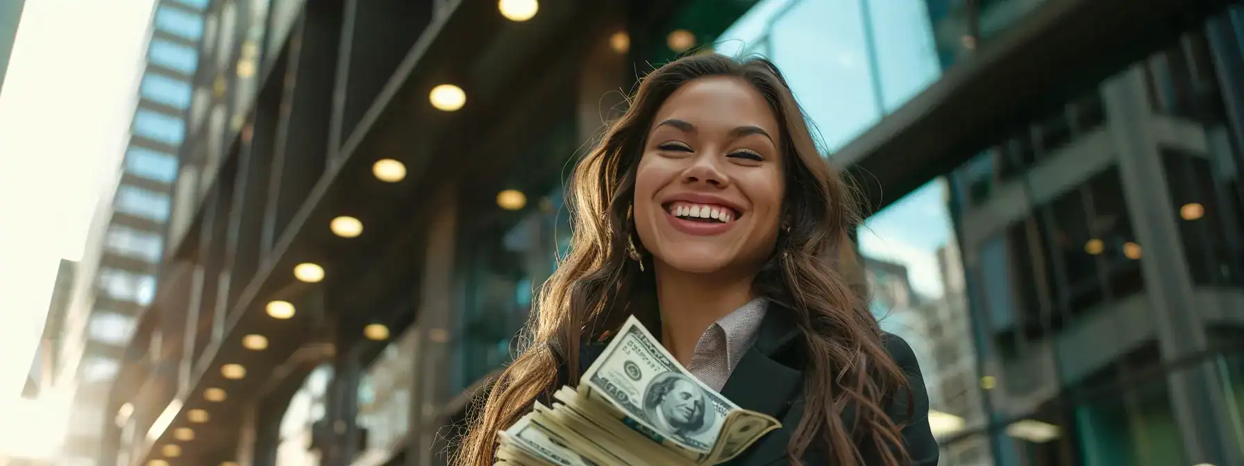 a entrepreneur smiling proudly while holding a stack of money outside their delaware llc office.