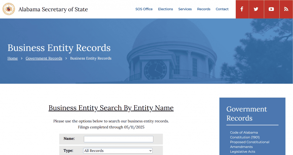 Screenshot of the Alabama Business Entity Search tool