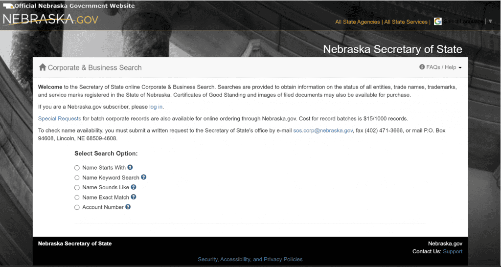 Screenshot of the Nebraska Business Entity Search tool