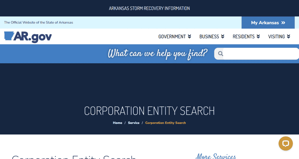 Screenshot of the Arkansas Business Entity Search tool