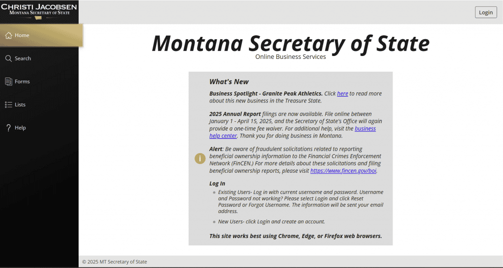 Screenshot of the Montana Business Entity Search