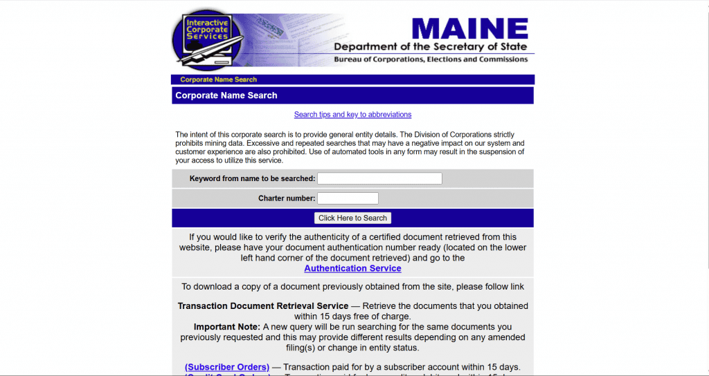 Screenshot of the Maine Business Entity Search Tool