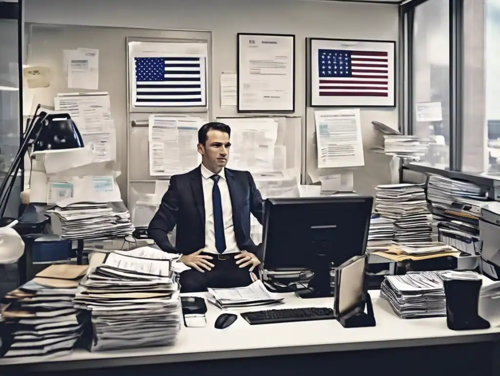 Man working at desk surrounded by paperwork while applying for an EIN for a Non-U.S. LLC on his computer.