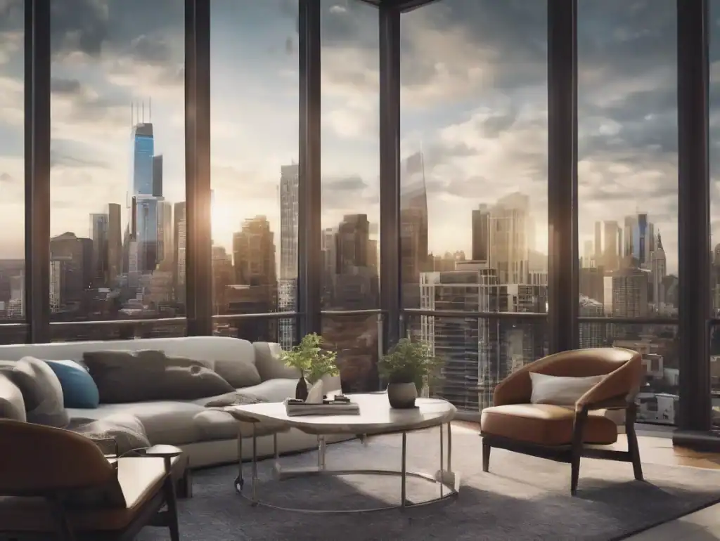 A high-floor cityscape view showcasing a skyline of modern high-rise buildings, representing large-scale real estate investments.